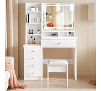 YuYe Coiffeuse avec éclairage LED, miroir et luminosité réglable, coiffeuse avec chaise, 5 tiroirs et 3 étagères, coiffeuse moderne, en bois, blanche (154)