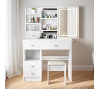 YuYe Coiffeuse avec éclairage LED, miroir et luminosité réglable, coiffeuse avec tabouret, 5 tiroirs et 3 étagères, coiffeuse moderne, en bois, blanche (T68)