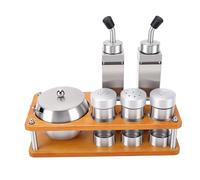 YUYTE Ensemble de Pots D'assaisonnement en Acier Inoxydable avec Support en Bois, Récipients à Condiments Hermétiques pour Sel, Sucre, Huile, Vinaigre, Cuisine