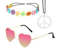 YUZNA Set de Costume Hippie,3 Pièces,Lunettes Rondes des Années 60,Collier avec Signe de Paix,Bandeau avec Tournesol et Marguerite,Accessoires Hippie Femme et Homme pour Déguisement Années 60/70