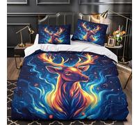 YVASPQRTW Cerf de feu 3D Imprimé Housse de Couette 3 pièces Microfibre léger Design Cosmique Fantastique Drap de Couette 2 taies éclair caché Couples Famille Super King（260x220cm）