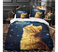 YVASPQRTW Chat Nuit Étoilée 3D Imprimé Drap de Couette 3 pièces Microfibre résistante Portrait Artistique de félin Housse de Couette 2 taies léger déco Chambre Enfant Single (135x200cm)