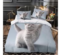 YVASPQRTW Chaton Gris Qui Fait Coucou 3D Imprimé Housse de Couette Microfibre Entretien Facile Pose Animale Mignonne Drap de Couette 2 taies léger Filles Enfants Double（200x200cm）
