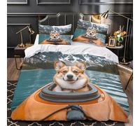 YVASPQRTW Corgi en Kayak 3D Imprimé Housse de Couette Microfibre Anti-Decoloration scène d'aventure en Pleine Nature Drap de Couette 2 taies éclair pour Couples Famille King（220x240cm）
