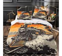 YVASPQRTW Crâne de Train 3D Imprimé Drap de Couette Microfibre éclair caché Locomotive à Vapeur d'époque Housse de Couette 2 taies Lavable Machine Adultes Couples Super King（260x220cm）