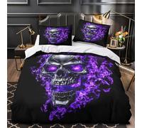 YVASPQRTW Crâne Violet feu 3D Imprimé Housse de Couette 3 pièces Microfibre Entretien Facile Design d'horreur Gothique Drap de Couette 2 taies Anti-Tache Couples Famille Single (135x200cm)