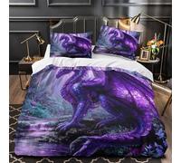 YVASPQRTW Dragon Violet Fantastique 3D Imprimé Drap de Couette Microfibre Respirant créature Magique de la forêt Housse de Couette 2 taies Anti-Tache Adultes Couples Single (135x200cm)