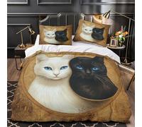 YVASPQRTW Duo de Chats 3D Imprimé Housse de Couette 3 pièces Microfibre Lavable Machine félin aux Yeux Bleus Drap de Couette 2 taies éclair dissimulé déco Chambre Adulte Single (135x200cm)
