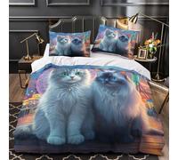 YVASPQRTW Duo de Chats Mignons 3D Imprimé Housse de Couette Microfibre Respirant Fantaisie Drap de Couette 2 taies Anti-Tache déco Chambre Enfant Single（140x200cm）