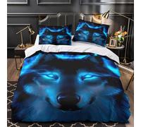 YVASPQRTW Esprit du Loup Bleu 3D Imprimé Drap de Couette 3 pièces Microfibre éclair caché Animaux fantastiques Housse de Couette 2 taies hypoallergénique Famille invités Single (135x200cm)