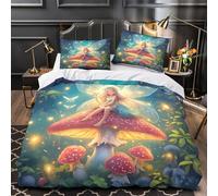 YVASPQRTW fée Assise Champignon 3D Imprimé Housse de Couette 3 pièces Microfibre Anti-Tache féerie Magique Drap de Couette 2 taies hypoallergénique Adultes Couples Single（140x200cm）