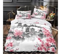 YVASPQRTW Fleurs de Cerisier 3D Imprimé Drap de Couette 3 pièces Microfibre léger Temple Asiatique Housse de Couette 2 taies inaltérable Filles Enfants Super King（260x220cm）