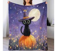 YVASPQRTW Impression 3D Graphique Scène Citrouille Magique Halloween Couverture Flanelle, Vol de Chat sur Balai Plaid Peluche Douce pour Canapé, 70x80inch(180x200cm)