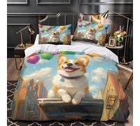 YVASPQRTW Joie du Chien Corgi 3D Imprimé Housse de Couette 3 pièces Microfibre hypoallergénique Dessin animé Festif Drap de Couette 2 taies Lavable Machine déco Chambre ado Single（140x200cm）