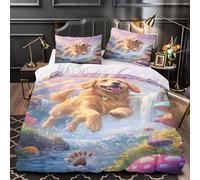 YVASPQRTW Joie d'un Chiot doré 3D Imprimé Drap de Couette 3 pièces Microfibre Lavable Machine Fantaisie fantaisiste Housse de Couette 2 taies Respirant garçons Enfants Single (135x200cm)