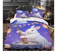 YVASPQRTW Lapin au Clair de Lune 3D Imprimé Housse de Couette 3 pièces Microfibre Lavable Machine Fête Asiatique Drap de Couette 2 taies Respirant Adultes Couples Super King（260x220cm）
