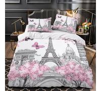 YVASPQRTW Monuments de Paris 3D Imprimé Drap de Couette Microfibre hypoallergénique Illustration de Voyage de Dessin animé Housse de Couette 2 taies éclair Enfants Adolescents Single (135x200cm)