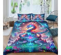 YVASPQRTW Parure De Lit 3D Dragon coloré Moderne pour Enfants Créature Mythique Microfibre Douce Et Confortable avec Fermeture Éclair Housse De Couette Taie d'oreiller King（220x240cm）