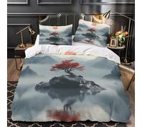 YVASPQRTW Paysage d'arbres Rouges 3D Imprimé Housse de Couette 3 pièces Microfibre inaltérable Style Zen Asiatique Drap de Couette 2 taies Entretien Facile Adultes Couples Super King（260x220cm）