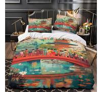 YVASPQRTW Pont Japonais 3D Imprimé Drap de Couette 3 pièces Microfibre inaltérable scène de Temple Traditionnelle Housse de Couette 2 taies léger déco Famille Single（140x200cm）