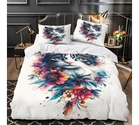 YVASPQRTW Portrait de Chat 3D Imprimé Drap de Couette Microfibre résistante Aquarelle Florale Housse de Couette 2 taies Lavable Machine déco Chambre Enfant Super King（260x220cm）