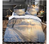 YVASPQRTW scène hivernale du lac 3D Imprimé Housse de Couette Microfibre Anti-Tache Village pittoresque au Bord du lac Drap de Couette 2 taies Respirant Adultes Couples Single (135x200cm)