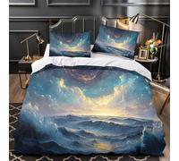 YVASPQRTW Vagues océaniques cosmiques 3D Imprimé Drap de Couette Microfibre éclair dissimulé Fantaisie sous Un Ciel étoilé Housse de Couette 2 taies Respirant Couples Famille Single（140x200cm）
