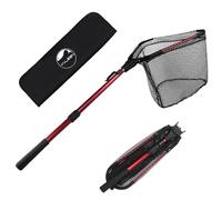 YVLEEN Filet de pêche pliable - Filet d’atterrissage pliable robuste en aluminium manche télescopique et sécurité pour attraper ou libérer les poissons pour une maille durable et en nylon de 40,6 cm, Diamètre : 40 cm (poignée télescopique) rouge.