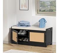 Yvsevnr Banc de Rangement avec Coussin, Banc D'entrée Etroit, Rotin Meuble Chaussure Bas Bois avec Assise, pour Entrée, l'entrée, la Chambre, Noir