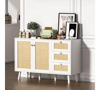 Yvsevnr Buffet de cuisine en rotin de 120 cm avec étagère réglable - Armoire de buffet avec 3 tiroirs et 3 portes - Armoire de rangement pour salon, cuisine, salle à manger, couloir - Blanc - 120 x 40