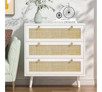 Yvsevnr Commode en rotin blanc à 3 tiroirs avec poignées et pieds robustes, commode en rotin bohème pour chambre à coucher, salon, couloir