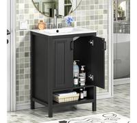 Yvsevnr Ensemble de Meubles de Salle de Bains Lavabo en Bois avec Meuble Bas 60 cm, 2 Portes et étagère Ouverte, Noir, pour Salle de Bains & WC invités 47 x 60 x 92 cm (Robinetterie Non Incluse)