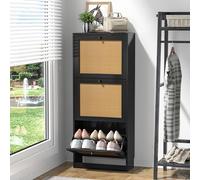 Yvsevnr Meuble à Chaussures Bois Rotin 3 Portes avec Séparateur Réglable, Meuble Rangement Chaussure d'Entrée Étroit, Vintage, Antidumping, Noir, 18 Paires, pour Petite Entrée