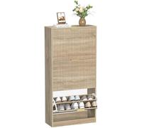 Yvsevnr Meuble à Chaussures étroit en Bois 18 Paires Meuble de Rangement à Chaussure Armoire avec 3 Portes Abattantes, Séparateur Réglable, Cannelé, pour Entrée Salon Couloir 60 x 24 x 122 cm