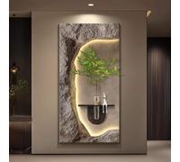 YVYKFZD Peinture Murale 3D Imitation, Sculpture Murales LED, Décoration Murale en Grès, Tableau décoratif avec vases, Sculpture murales créative, for entrée, Salon(Imitation Stone 1,15.7"x31.4")