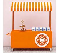 YVYKFZD Stand Marché Chariot mobile à roulettes, Chariot de Vente de hot-dogs avec auvent rayé, Étal de Marchés créatif en fer, Stand de Marché extérieur, for glaces(Orange,100cm/39.3")