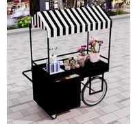 YVYKFZD Stand Marché Chariot portable avec auvent rayé, Chariot de Vente en extérieur, Étal de Marché mobile avec tiroirs de rangement, Stand de Marchés créatifs en fer(Nero,100cm/39.3")