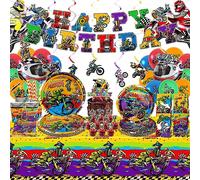 Ywediim Fournitures de fête d'anniversaire Dirt Bike, bannière, assiette, serviette, tasses, décorations de gâteau, ballons, nappe, moto, sports extrêmes, décorations de fête pour 20 invités (lot B)