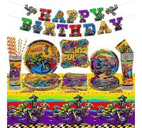 Ywediim Fournitures de fête d'anniversaire Dirt Bike, comprend une bannière Happy Birthday, une assiette, une serviette, pour les décorations de sports extrêmes de moto pour garçons Servir 20, Set C
