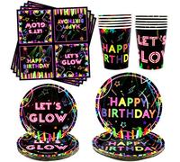 Ywediim Néon lumineux Vaisselle pour Soirée pour 20 personnes - Comprend des assiettes, des tasses, des serviettes, pour les décorations de fête Let's Glow Blacklight (20 personnes)