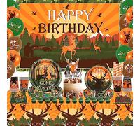 Ywediim Vaisselle de fête de chasse pour 20 invités, y compris une bannière de toile de fond joyeux anniversaire, une assiette, pour une fête sur le thème de la chasse au camping (toile de fond)