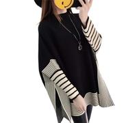 YWeiLiangSan Pull Poncho Surdimensionné à col Montant pour Femme, Pull Cape Rayé à Manches Longues Chauve-Souris (Black,Taille Unique)