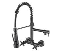 YWJFSA Robinet Mural Cuisine avec Douchette Abaissée,Double Bec, Pivotante à 360° Poignée Double Robinet D'Évier De Cuisine à Ressort à Arc Élevé,Froid & Chaud Disponible