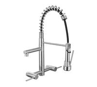 YWJFSA Robinet Mural Cuisine en Acier Inoxydable avec Douchette Abaissée Pivotante à 360°,Double Bec, Robinet D'Évier De Cuisine à Ressort à Arc Élevé,Froid & Chaud Disponible