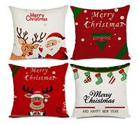 Ywlake Lot de 4 housses de coussin de Noël 55 x 55 cm, motif dessins animés en coton et lin