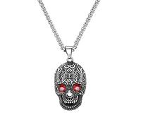 YWMAN Collier avec pendentif tête de mort aux yeux rouges - Collier gothique en acier inoxydable avec pendentif tête de mort en sucre avec oxyde de zirconium rouge pour homme et femme, acier
