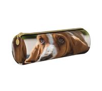 YWSOTRE Basset Hound, Trousse à Crayons Étui à Stylo cylindrique Sac à Crayons en Cuir Portable avec Sac à cosmétiques à Fermeture éclair