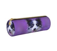 YWSOTRE Beau Chiot Border Collie, Trousse à Crayons Étui à Stylo cylindrique Sac à Crayons en Cuir Portable avec Sac à cosmétiques à Fermeture éclair