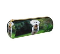 YWSOTRE Bichon Frise Bokeh Animaux Chiens Parc Chiens Blancs, Trousse à Crayons Étui à Stylo cylindrique Sac à Crayons en Cuir Portable avec Sac à cosmétiques à Fermeture éclair