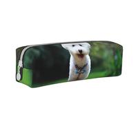 YWSOTRE Bichon Frise Bokeh Animaux Chiens Parc Chiens Blancs, Trousse à Crayons, étui à stylos, Sac à Crayons en Cuir Portable avec Pochette à cosmétiques à Fermeture éclair